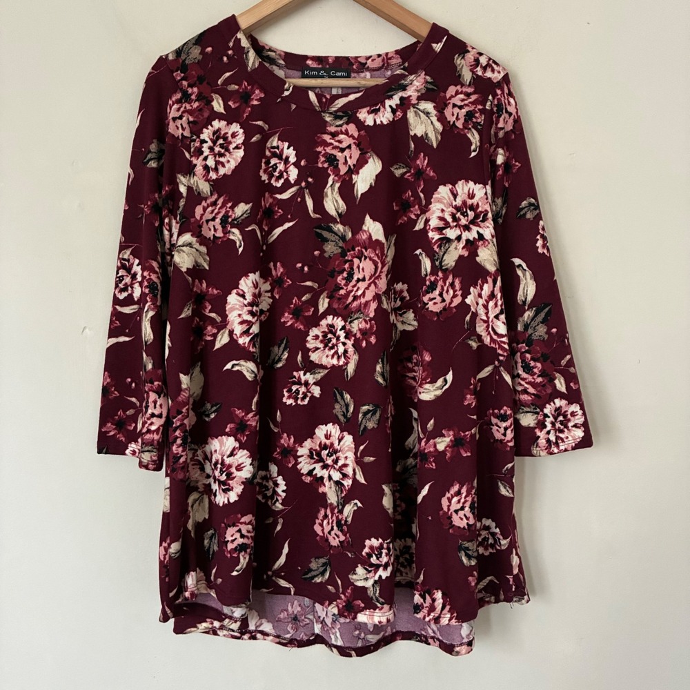 Kim & Cami Womens 1X Floral Tunic Top Burgundy 3/4 Sleeve Cottagecore Boho